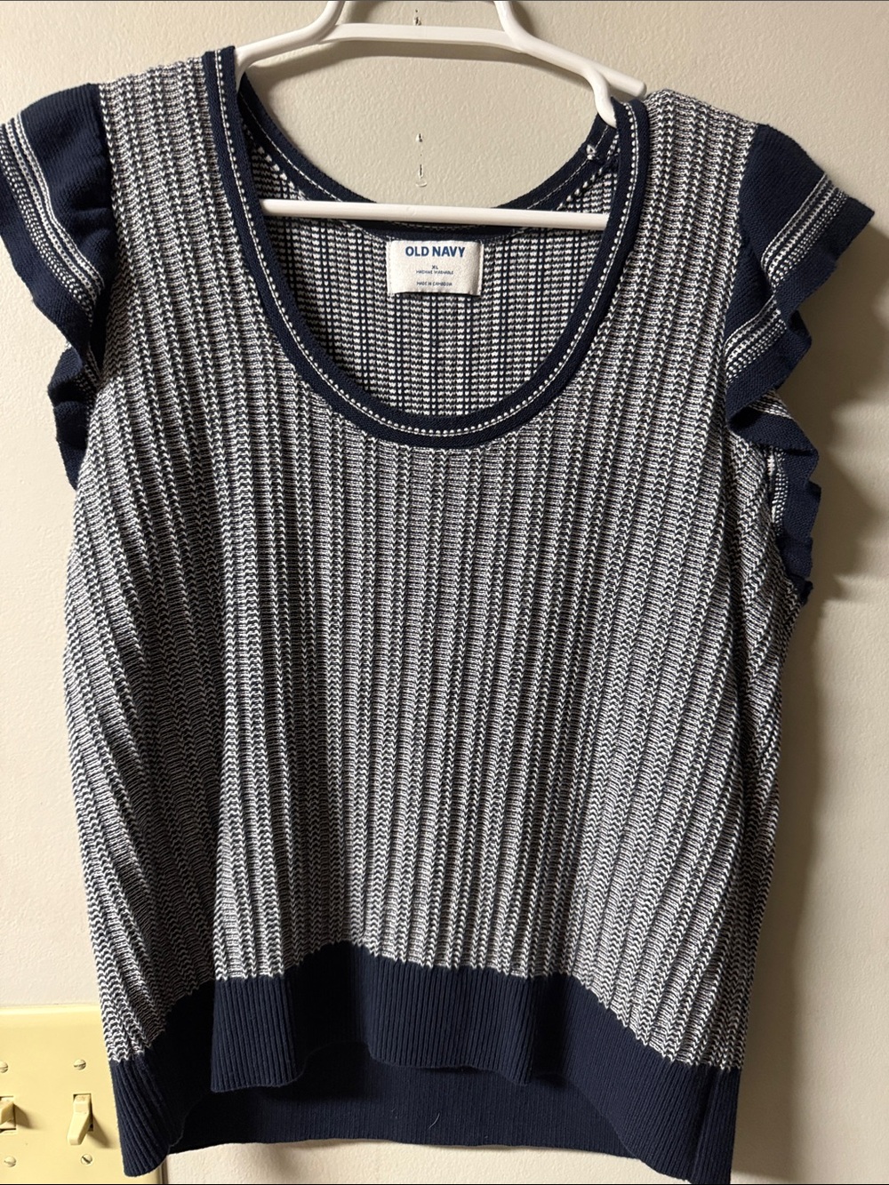 Old Navy Navy and White Textured Knit Ruffle Sleeve Tank